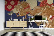 Navy and Gold Dragon Wall Mural – workspace with pale wood furniture and a geometric rug mock-up