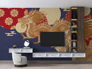 Navy and Gold Dragon Wall Mural – living room with a television and low cabinet mock-up
