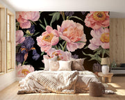 Blush Peony and Purple Iris Wall Mural – bedroom with a pale upholstered bed mock-up