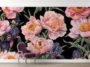 Blush Peony and Purple Iris Wall Mural – room with a purple chair mock-up