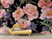 Blush Peony and Purple Iris Wall Mural – room with a yellow chaise longue mock-up