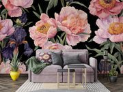 Blush Peony and Purple Iris Wall Mural – living room with a mauve sofa mock-up