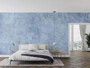 Soft Blue Limewash-Effect Wall Mural – bedroom with grey bedding mock-up