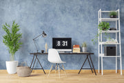 Soft Blue Limewash-Effect Wall Mural – study with a desk and white shelving mock-up