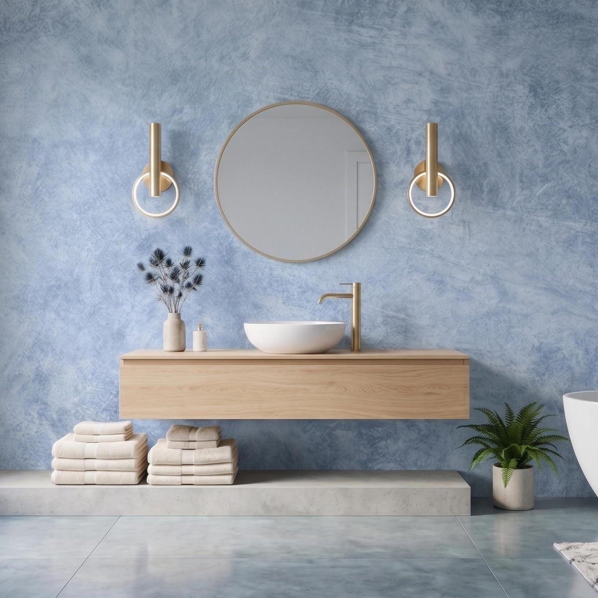 Soft Blue Limewash-Effect Wall Mural – bathroom with a wooden vanity and round mirror mock-up