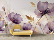 Lavender and Ochre Watercolour Floral Wall Mural – room with a yellow chaise longue mock-up