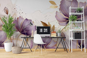 Lavender and Ochre Watercolour Floral Wall Mural – home office with a desk and white shelving mock-up