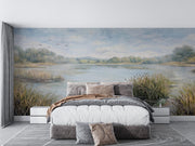Bedroom with a large wall mural of a lake and trees