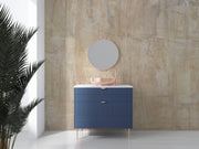 Beige Limewash-Effect Wall Mural – interior with a blue chest and round mirror mock-up