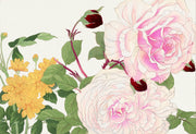 Wall mural with vintage-style pink and white roses, yellow chrysanthemums, and green foliage.