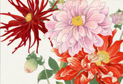Oversized floral wall mural featuring red, pink, and yellow illustrated blooms with green leaves.