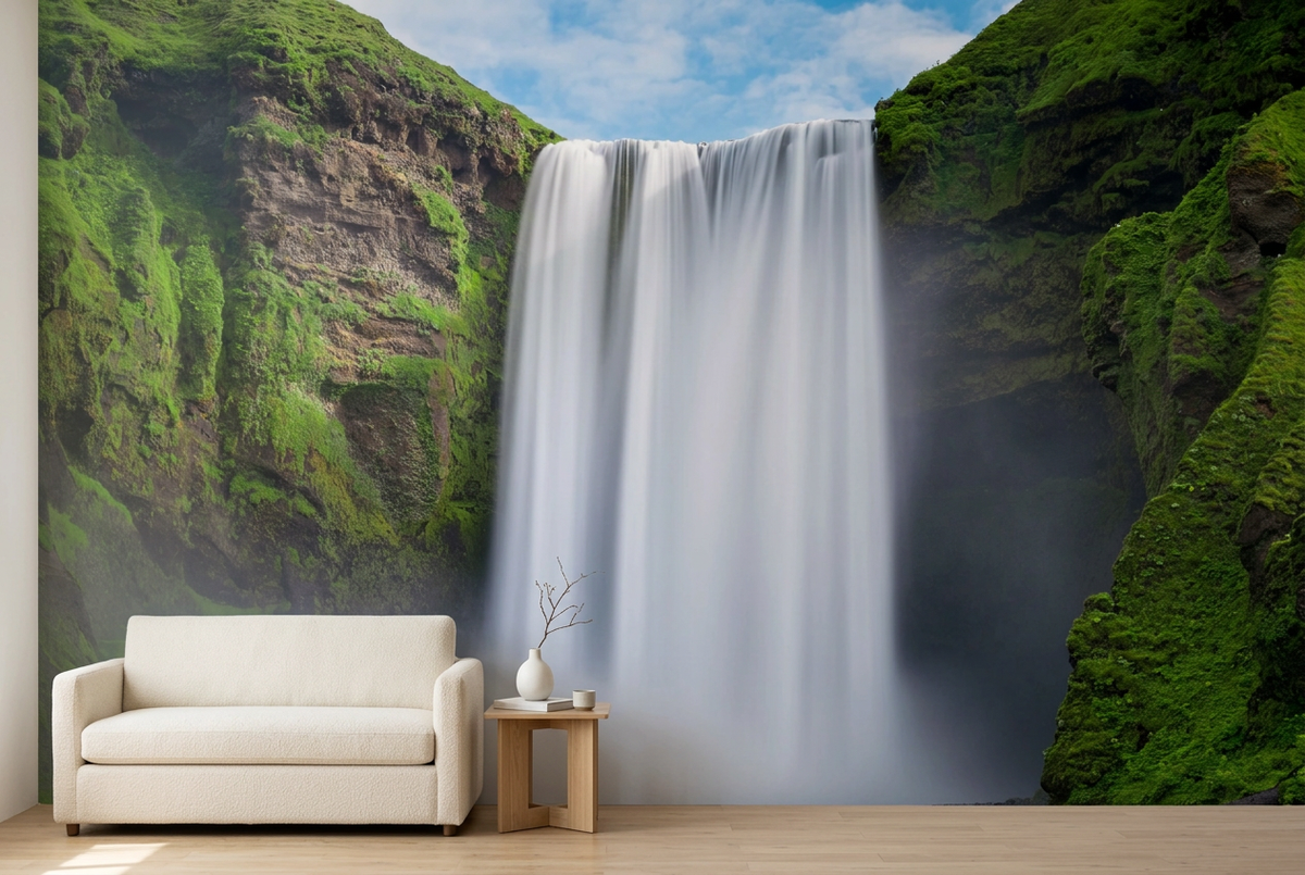 Skógafoss waterfall wall mural with green cliffs behind an ivory sofa in a living room mockup