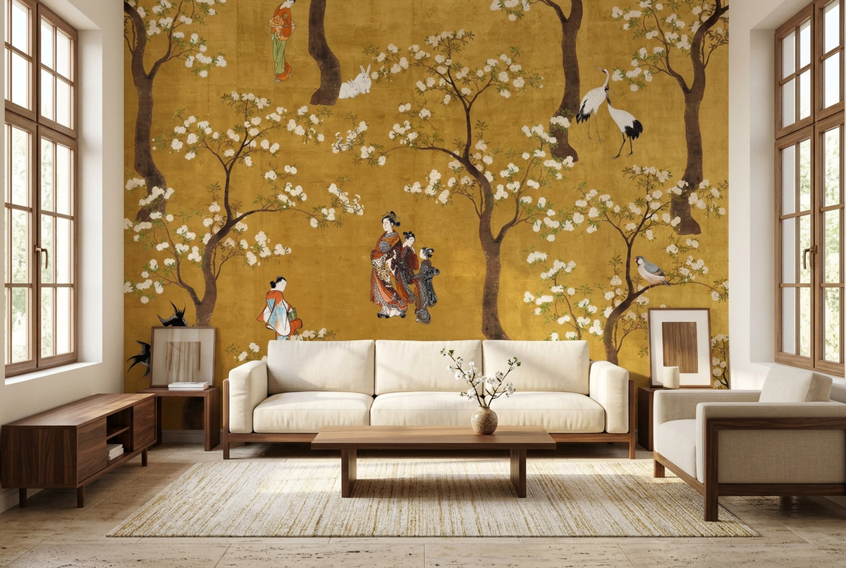 Golden Japanese Blossom Garden Wall Mural in a living room mockup.