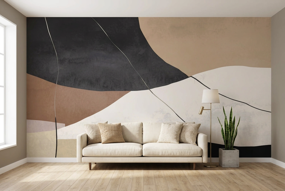 Neutral abstract line art wall mural living room styling mockup