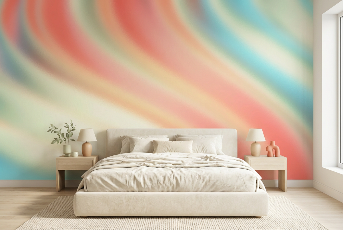 Pastel coral, mint and aqua abstract wall mural behind a cream upholstered bed in a bedroom mockup