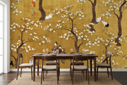 Golden Japanese Blossom Garden Wall Mural in a dining room mockup.