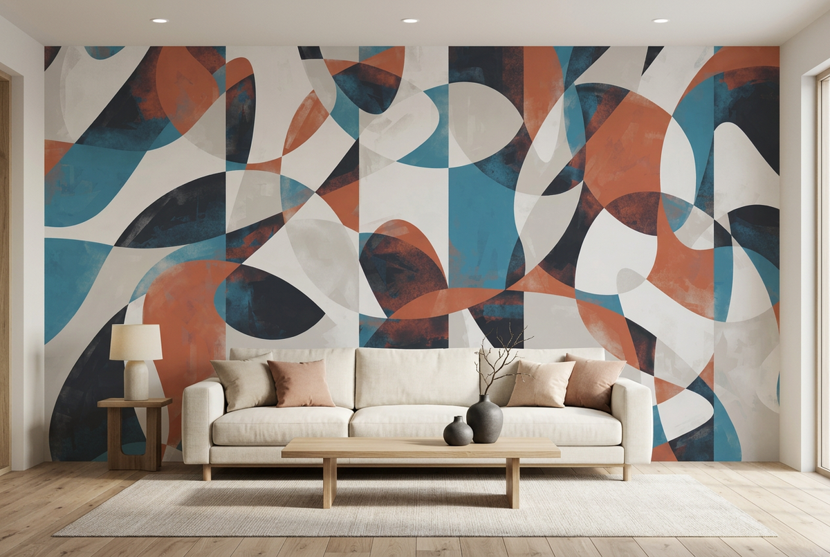 A modern living room featuring a large abstract wall mural with flowing organic shapes in teal, terracotta, navy, cream, and gray behind a light beige sofa, wood coffee table, and side table.