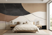 Neutral abstract line art wall mural bedroom styling mockup