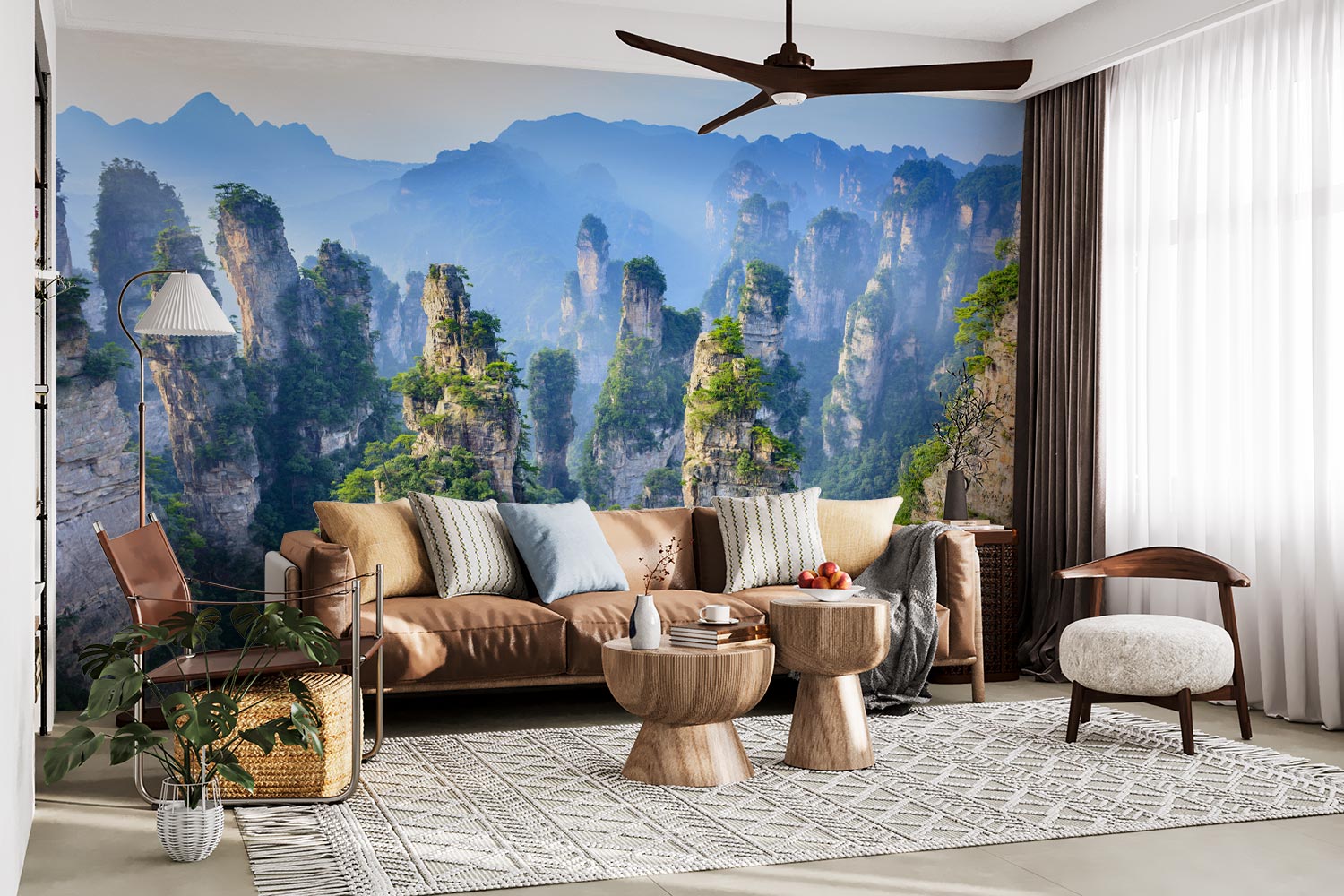 Zhangjiajie Mountain landscape wall mural featuring sandstone pillars, lush greenery, and misty peaks in a modern living room with natural decor.