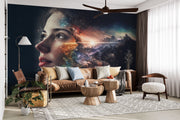 Cosmic Vision Wall Mural – Surreal Galaxy Wallpaper Featuring a Female Face Blending with a Nebula, Stardust, and Cosmic Light for Dreamy & Futuristic Interiors.