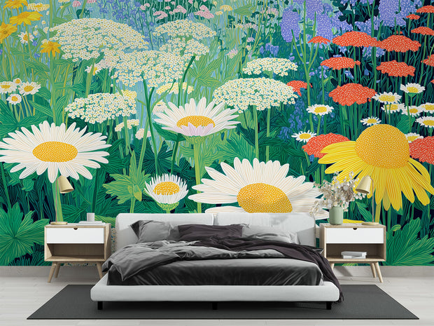 Bedroom with a vibrant floral mural on the wall