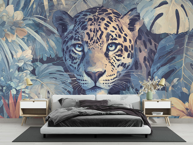 Bedroom with a leopard mural on the wall