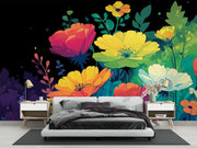 Bedroom with a vibrant floral mural on the wall