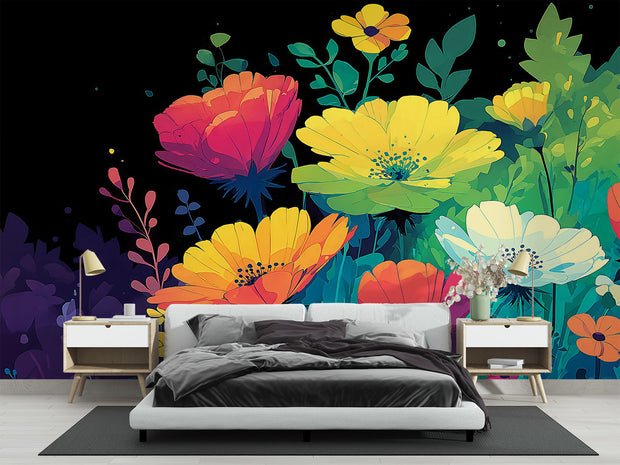 Bedroom with a vibrant floral mural on the wall