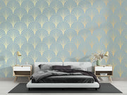 Modern bedroom with geometric patterned wallpaper, bed, and side tables.