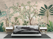 Modern bedroom with a large wall mural of tropical plants and birds.