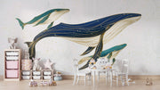 Line art whale mother with children wall mural decorating a kids' room.