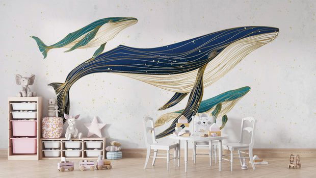 Line art whale mother with children wall mural decorating a kids' room.