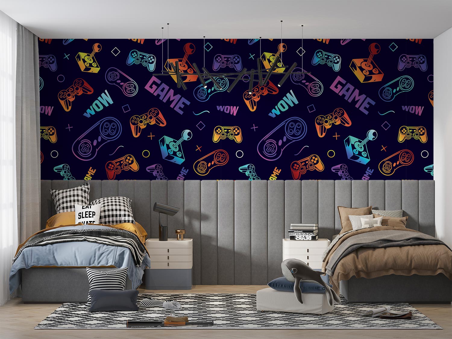 Bedroom with colorful game controller patterned wall art above two beds.