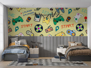 Children's bedroom with video game-themed wallpaper and furniture.