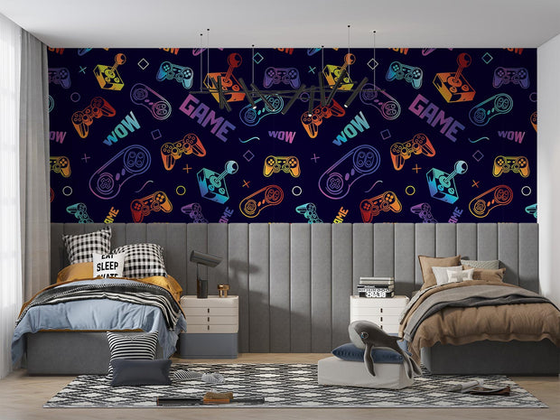 Bedroom with colorful game controller patterned wall art above two beds.