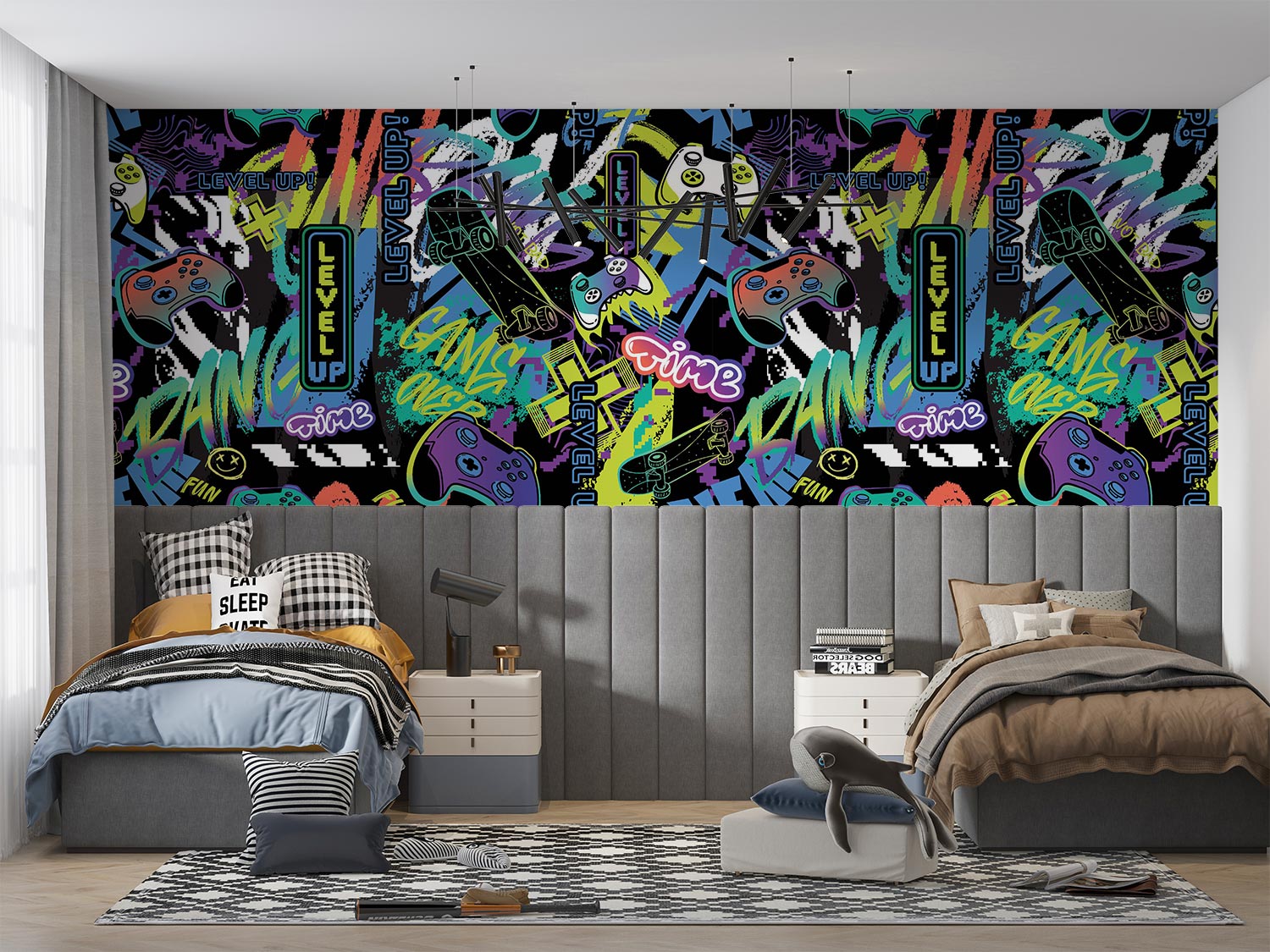 Modern bedroom with colorful wall mural and two beds.