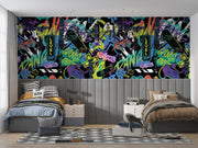 Modern bedroom with colorful wall mural and two beds.