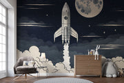 Cartoon Spaceship Wall Mural decorating kids bedroom.