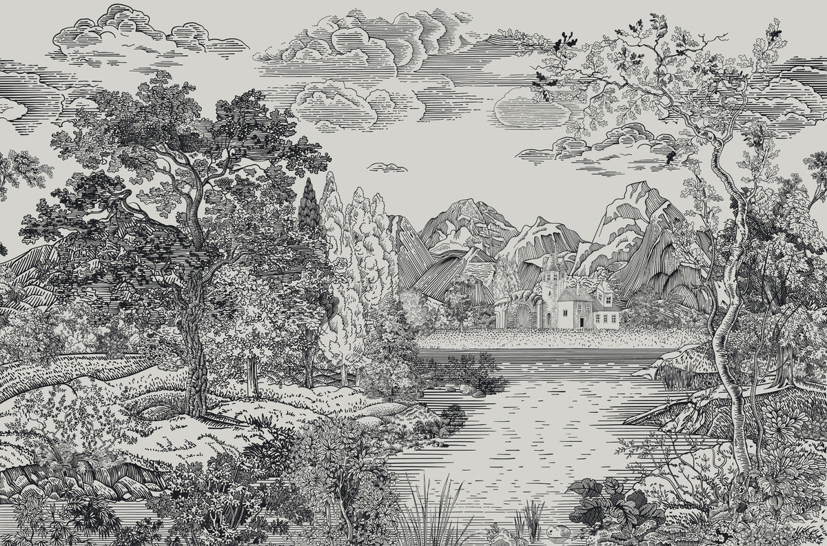 Black and white landscape illustration featuring a lake, mountains, trees, clouds, and a small house in the distance, rendered in a detailed engraved style.