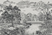 Black and white landscape illustration featuring a lake, mountains, trees, clouds, and a small house in the distance, rendered in a detailed engraved style.