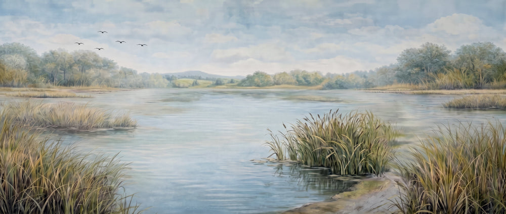 Close-up detail of the impressionist lake landscape mural showing canvas texture and soft brushstrokes.