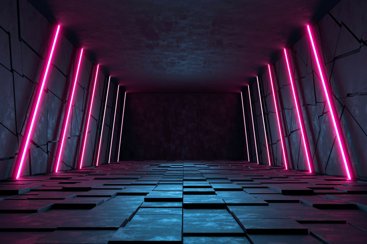 Futuristic Neon Tunnel Wall Mural – 3D Cyberpunk-Inspired Wallpaper with Pink Neon Lights, Geometric Paneling, and Sci-Fi Aesthetic for Gaming and Modern Interiors.
