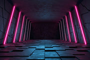 Futuristic Neon Tunnel Wall Mural – 3D Cyberpunk-Inspired Wallpaper with Pink Neon Lights, Geometric Paneling, and Sci-Fi Aesthetic for Gaming and Modern Interiors.