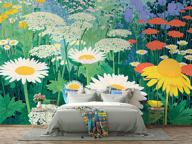 Bedroom with colorful floral wallpaper featuring daisies and other flowers.