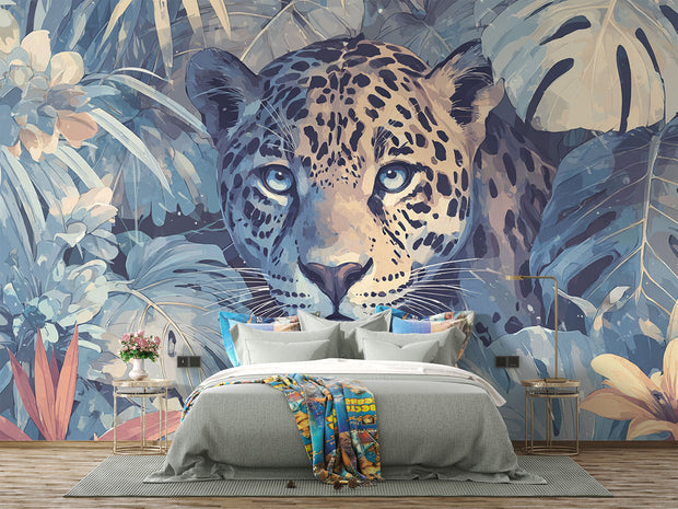 Bedroom with a leopard and tropical leaf mural on the wall.