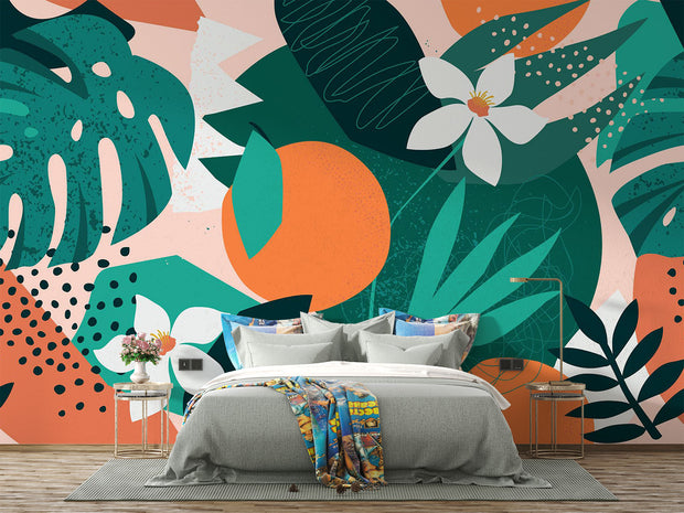 Bedroom with colorful abstract wall mural featuring leaves and flowers.
