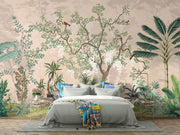 Bedroom with a large wall mural of tropical plants and birds