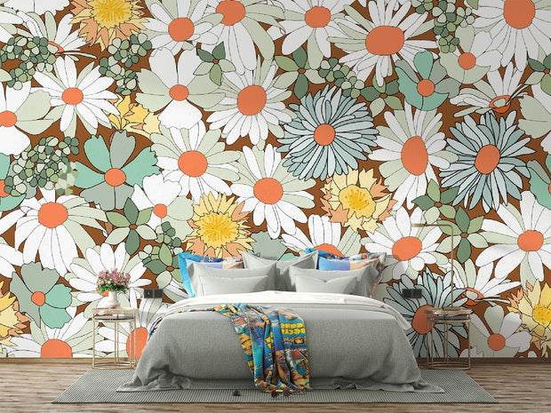 Bedroom with a floral wall mural featuring large flowers on a wooden floor.