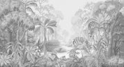 Monochrome Jungle Wall Mural featuring lush grayscale tropical foliage with intricate details, perfect for a calming modern space.
