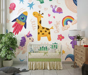 Children's room with colorful wall mural, crib, and furniture.